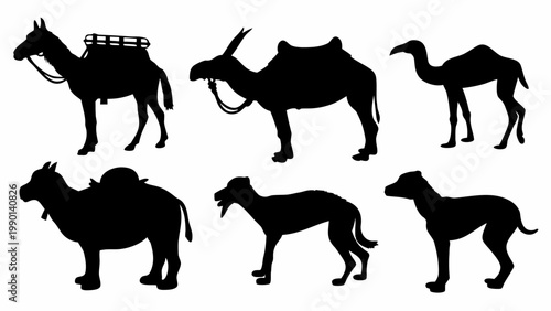 Diverse animal silhouettes collection camels carrying loads and alert dogs in various poses isolated on white background vector graphic set for thematic designs