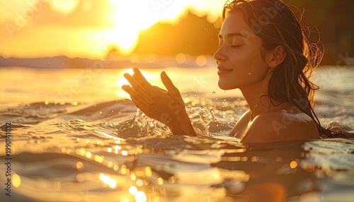 A serene woman basks in the golden light of a tropical sunset while gently immersed in the tranquil waters of the ocean, radiating peace and tranquility.