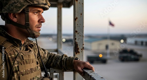 A soldier in camouflage gear stands watch from a high vantage point overlooking a military base.