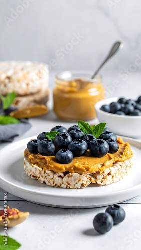 A plate of peanut butter rice cake with blueberries and mint