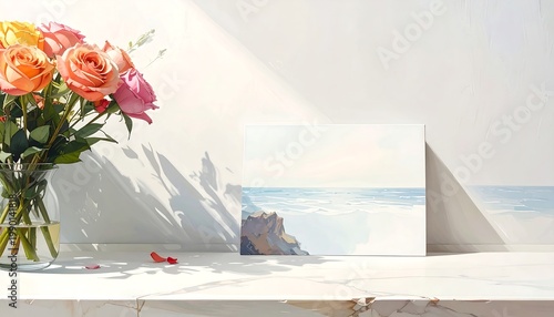 A serene still life with roses and a seascape
