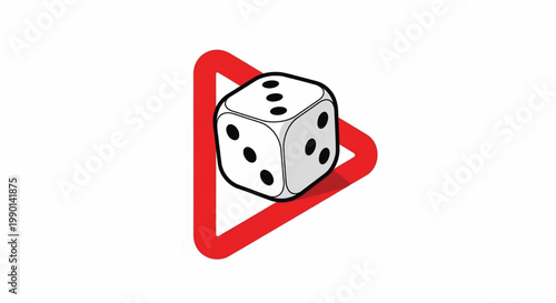 Dice icon with black outline on red play button symbol for gambling, games, and entertainment UI featuring gaming, video game, casino with board game