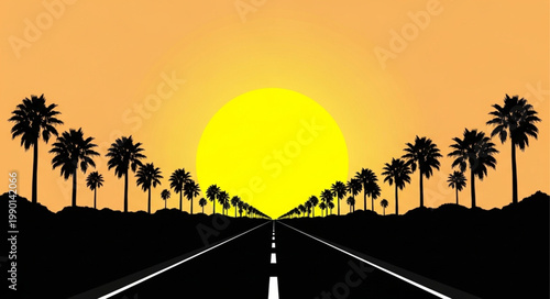 Palm Tree Lined Highway Towards a Bright Setting Sun.