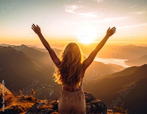 A woman with long flowing hair stands atop a mountain peak, arms raised in a gesture of triumph and awe as she gazes upon a breathtaking sunset over a vast landscape of rolling hills and valleys.
