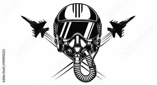 Gas mask emblem with crossed fighter jets, monochrome military vector style and industrial hazard icon design