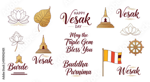 Vesak Day Celebration Elements: Buddha Purnima, Lotus, Dharma Wheel, Stupa, Flag