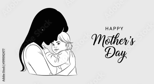 Mother holding child with happy mother's day text on light background