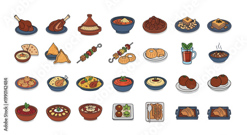Moroccan Cuisine Collection: Traditional Dishes, Tagine, Kebabs, Couscous, Mezze - Vector Icons