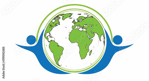 Globe world map logo with green continents and blue ribbon swoosh for education and sustainability themes