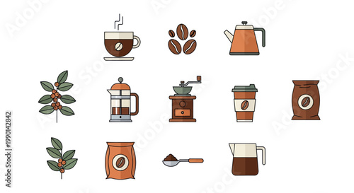 Coffee Making Icons Set: Beans, French Press, Grinder, Cup, Kettle, Bag, Leaves