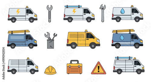 Service Vans and Tools Flat Icons Set
