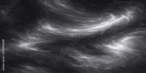 Dramatic black and white abstract background featuring swirling smoke and space textures amidst a dark stormy sky with overcast clouds and wind