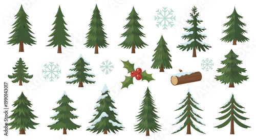 Christmas Trees Collection: Snow-Dusted Evergreens, Holly, Snowflakes, and Log