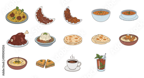 Middle Eastern Food Icons: Hummus, Baklava, Lamb, Coffee, Soup, Salad