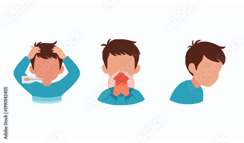 Kids cold symptoms icon set boy with headache sore throat and sneezing colorful medical vector illustration