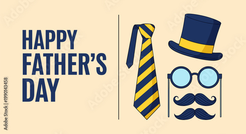 Happy father's day celebration with stylish hat tie mustache and glasses
