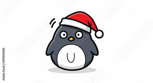 Penguin cartoon with a red Santa hat smiling and wearing white scarf illustration for holiday greetings