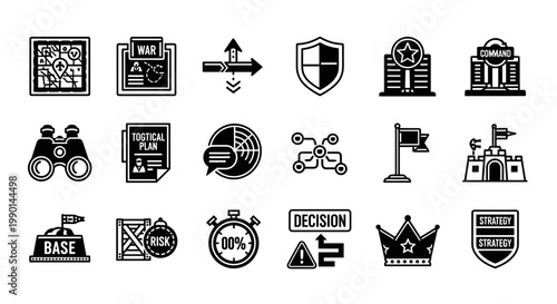 Monochrome military and strategic icons, featuring a map, war documents, arrows, shield, star building, command structure, binoculars, tactical plan, radar, network, flag, castle,