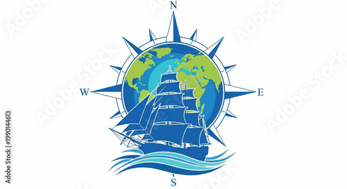 Compass rose with sailing ship crossing globe and ocean waves, travel and maritime tourism emblem illustration