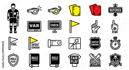 Set of minimalist football referee icons, featuring a whistle, cards, flags, hand gestures, and a stopwatch, rendered in a striking black and yellow color palette, ideal for