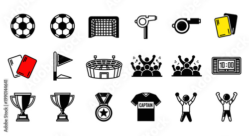 Soccer icons in black and white, featuring a football, goal net, whistle, cards, flag, stadium, cheering crowd, scoreboard, trophy, medal, captain shirt, and celebrating figures,