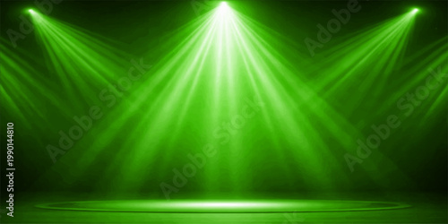 Abstract green stage spotlight with glowing green lights bright rays energy burst disco space glow background
