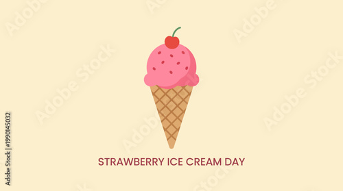 Delicious Strawberry Ice Cream Cone with Cherry Topping.