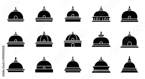 Collection of Buddhist Stupa Icons and Symbols, Black Silhouettes on White Background