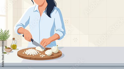 Woman Chopping Onions on Cutting Board in Kitchen.