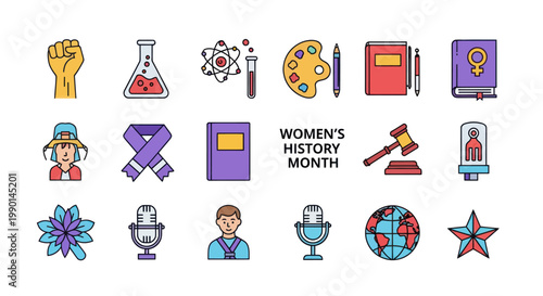 Women's History Month Icons: Fist, Science, Art, Books, Justice, Career, Nature