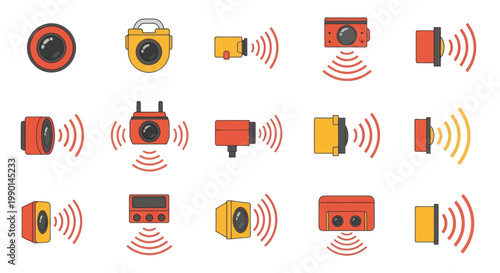 Modern Security Camera Icons Set: Surveillance, Detection, and Monitoring Technology