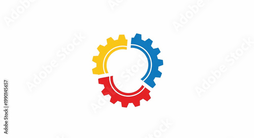 Gear circle logo with blue, yellow, and red segments and curved lines for engineering and technology branding