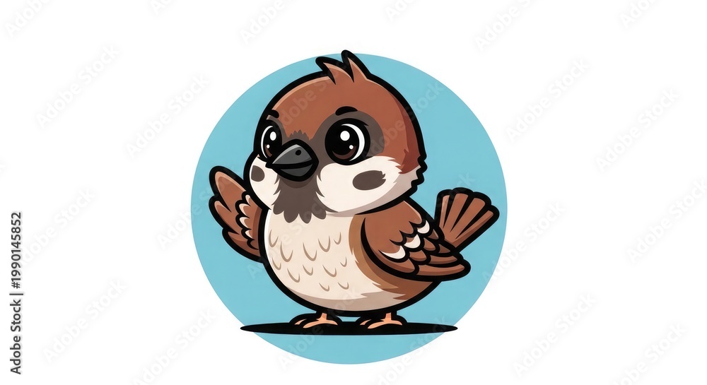 Obraz premium A cartoon sparrow standing on a blue circle with its wings outstretched in a playful gesture