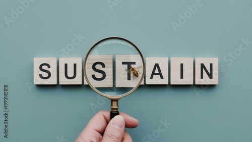 A hand holds a magnifying glass over scrabble tiles spelling sustain on a wall.