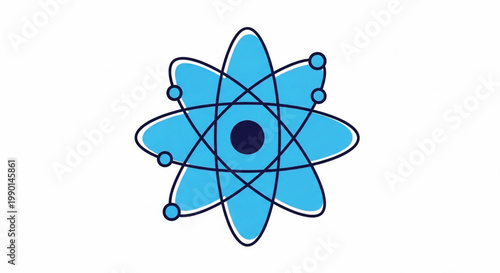 Atom science icon with blue electron orbit rings and a dark nucleus for educational technology and research graphics