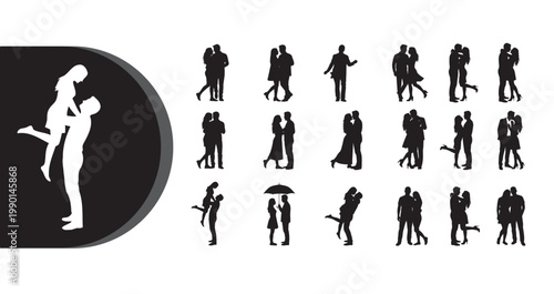 A collection of romantic couple silhouettes in various poses on a white background