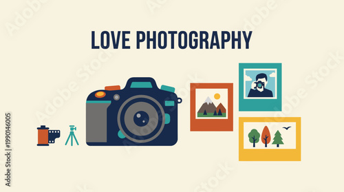Love Photography Concept with Camera and Instant Photos.