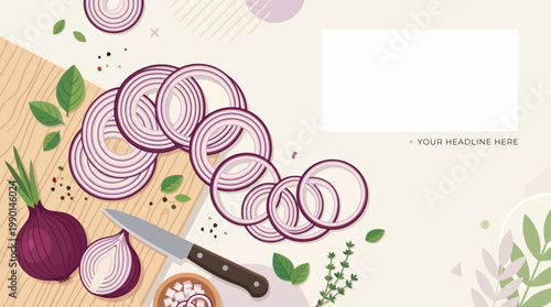 Freshly Sliced Red Onions on a Cutting Board with a Knife.