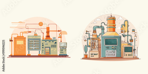 Conceptual illustration of modern industrial facilities with intricate processing machinery and interconnected systems, symbolizing manufacturing innovation and technological efficiency