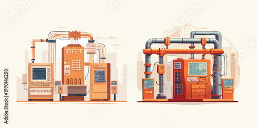 Modern Industrial Automation Equipment for Manufacturing Processes, Featuring Advanced Engineering and Robotic Systems in a Flat Illustration Style