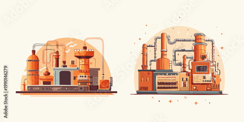 Flat Design Vector Illustrations of Industrial Chemical Plants and Manufacturing Facilities. Graphics depicting Production, Energy, and Engineering Concepts with Buildings, Pipes, and Tanks