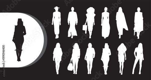 A collection of diverse silhouettes of people walking in various poses and styles on a black background