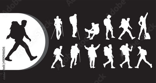 A collection of white and black silhouettes of people hiking and walking in various poses on a black background