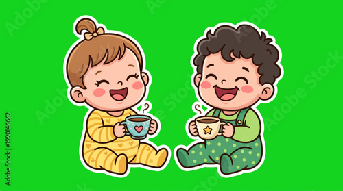 Two adorable cartoon babies enjoying warm beverages and smiling widely.