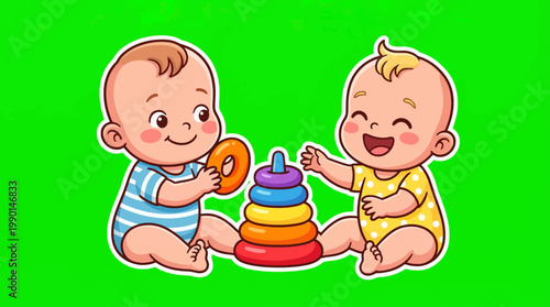 Two Adorable Cartoon Babies Playing with Colorful Stacking Rings.