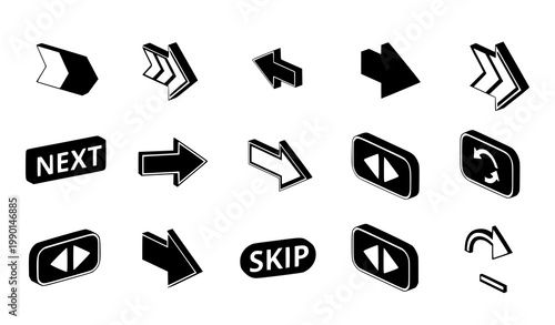Isometric black arrow icons set with navigation controls and directional symbols for modern interface design