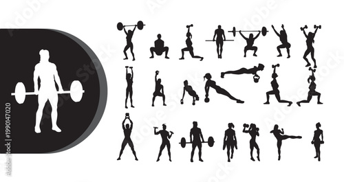 A collection of black silhouettes depicting various fitness exercises and activities