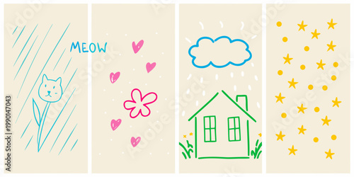 Child s drawing depicting weather animals and simple shapes in bright colors