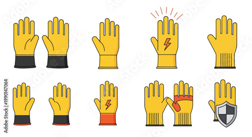 Set of Yellow Work Gloves Icons with Safety Symbols and Protection Features
