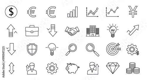 Business Finance Icons Set: Money, Graphs, Growth, Investment, Strategy, Success